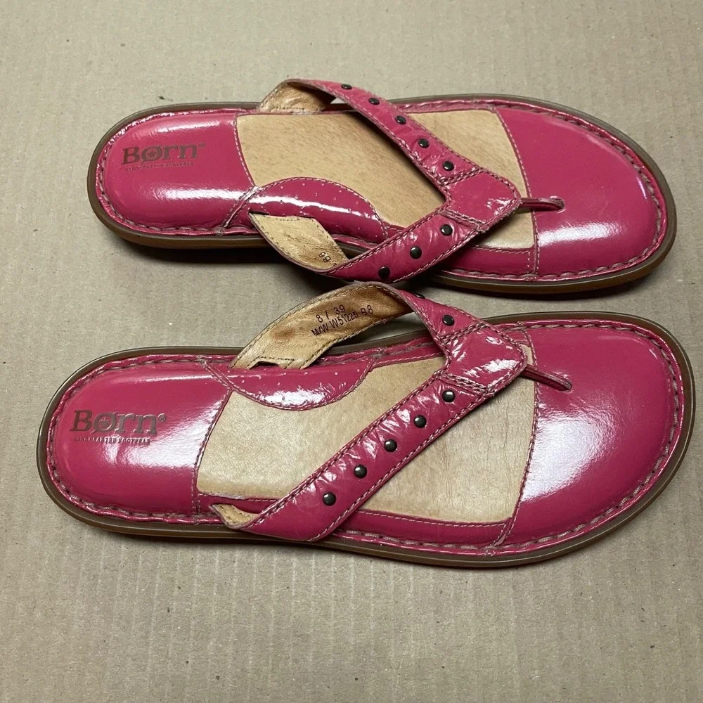 Børn Sz 8/ 38.5 Freesia Pink Leather Flat Thong Stud Comfort Sandal Flip Flops